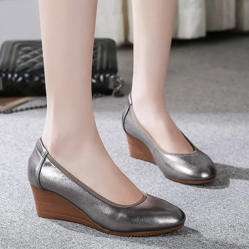 Black Comfortable Woman Shoes High Heels Pumps Wedge Slip-on Soft Bottom Comfortable Shoes for Women Coonfort Round Head Leather