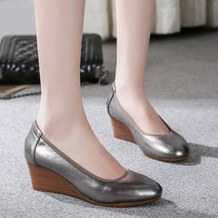 Black Comfortable Woman Shoes High Heels Pumps Wedge Slip-on Soft Bottom Comfortable Shoes for Women Coonfort Round Head Leather