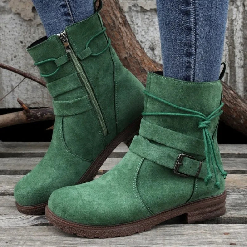Retro Women's Cowboy Boots Autumn New Suede Low Heel Female Boots Luxury Belt Buckle Side Zip Design Mid-Calf Boots Size 43