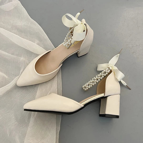 Beige Heeled Pump 2024 Women's Shoes Closed Toe Black High New Comfort Retro Block Pearl Clear Spring Girls Solid PU Pumps Co
