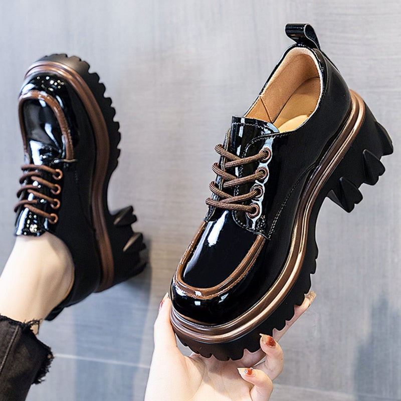 British Style Chunky Platform Pumps Women Spring Lace Up Thick Heels Loafers Woman Round Toe Patent Leather Shoes