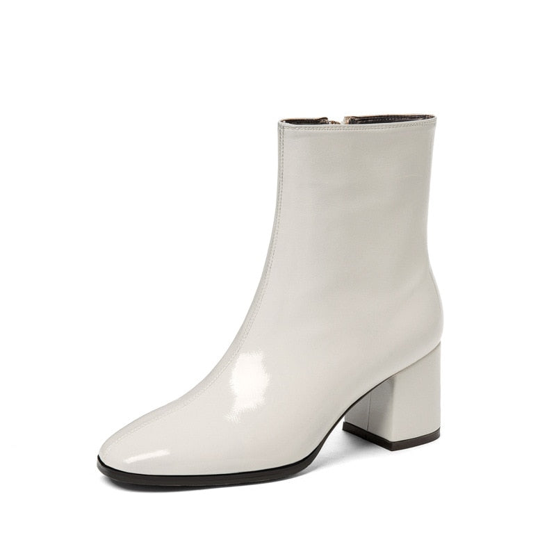Autumn Women Fashion Square High Heels Zapatos De Mujer White Patent Leather Shoes Ankle Boots Black Woman Zipper