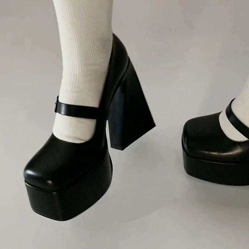 Black Mary Janes Super Thick High Heels Platforms Pumps Buckle For Women Casual Spring Summer Shallow Party Chunky Shoes Ladies