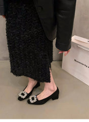 Shoes for Women 2024 New Slip on Women's Pumps Autumn Square Toe Solid Flock Brilliant Diamond Chunky Heels High Heel Pump Women