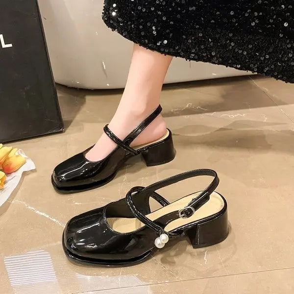 African Woman Shoe Mary Jane Summer High Heels Chunky Sandals Navy Blue Pumps Sweet 2024 Burgundy Straps Lolita Closed Black Bei