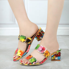 Colorful Summer New Sandals Women's Summer Fashion Chunky Heel Rhino Horn Mid-heel Flip-flops Korean Version Sandals shoes