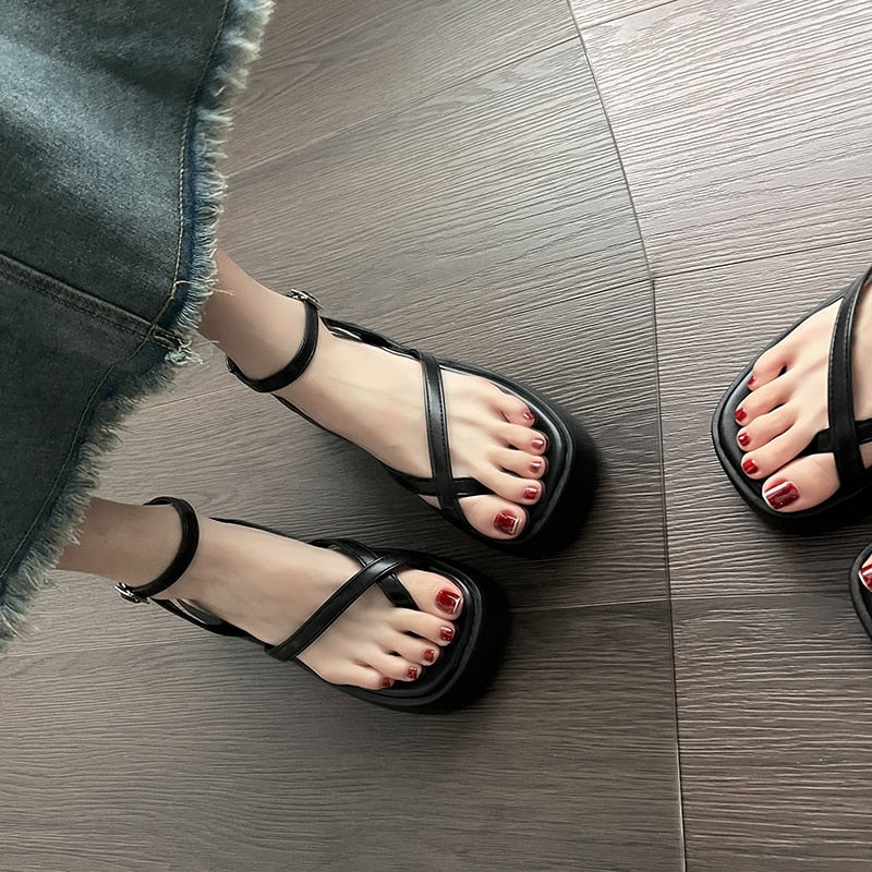 Blue Denim Platform Sandals Women Summer Clip Toe Wedge Heeled Sandals Woman Ankle Straps Thick Bottom Wedges Shoes Female