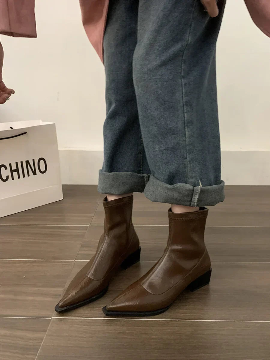 Boots Women New Shoes Luxury Designer silver  Ankle Fashion Pointy Med Ladies Rubber Autumn Rome Hoof Heels Flock Solid Sli