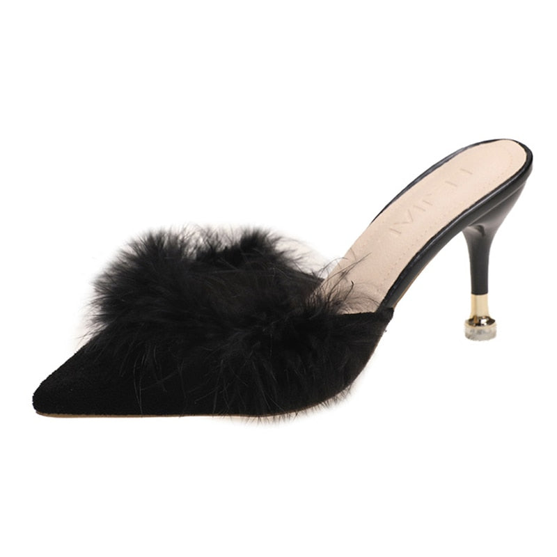 Blue High Heels Party Sandals Women Summer Pointed Toe Fur Slippers Woman Elegant Slip On Thin Heeled Shoes Outdoor Slides