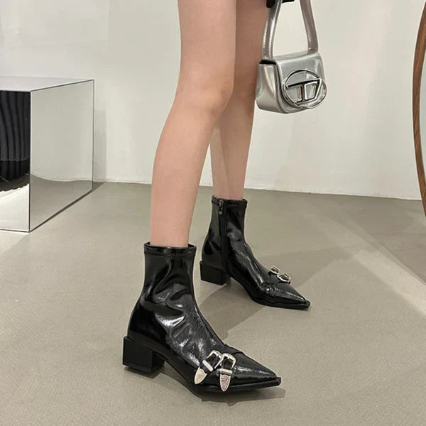 Boots Women New Shoes Luxury Designer silver  Ankle Fashion Pointy Med Ladies Rubber Autumn Rome Hoof Heels Flock Solid Sli