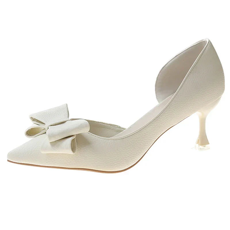 Blue Bowtie Thin Heeled Pumps Women Autumn PU Leather Slip on High Heels Shoes Woman Pointed Toe Party Shoes Mujer
