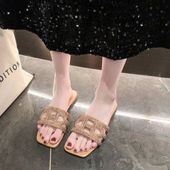 New Large Size Crystal Bow Women Slippers Fashion Open Toe Flat-heeled Sexy Shoes Women Summer Casual Slides Female Flip Flops