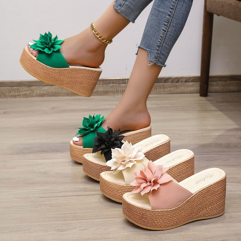 9cm Heels Summer Beach Platform Women Wedge Slippers Appliques Butterfly-knot Female Sandals Clog Shoes Slides Women