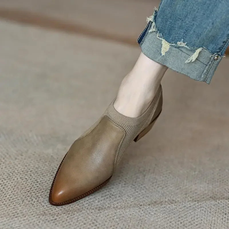 Autumn New Soft Work Shoes,Women Mid Heels,Stretch,Pointed Toe,Slip On,Brown,Khaki,British Style,35-40,Dropship
