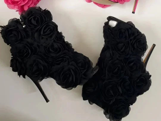 Toe Rose Flower Ankle Boots Stiletto Heels Handmade Floral Pointed Toe Sweet Women Summer Sexy Unique Party Dress Shoes