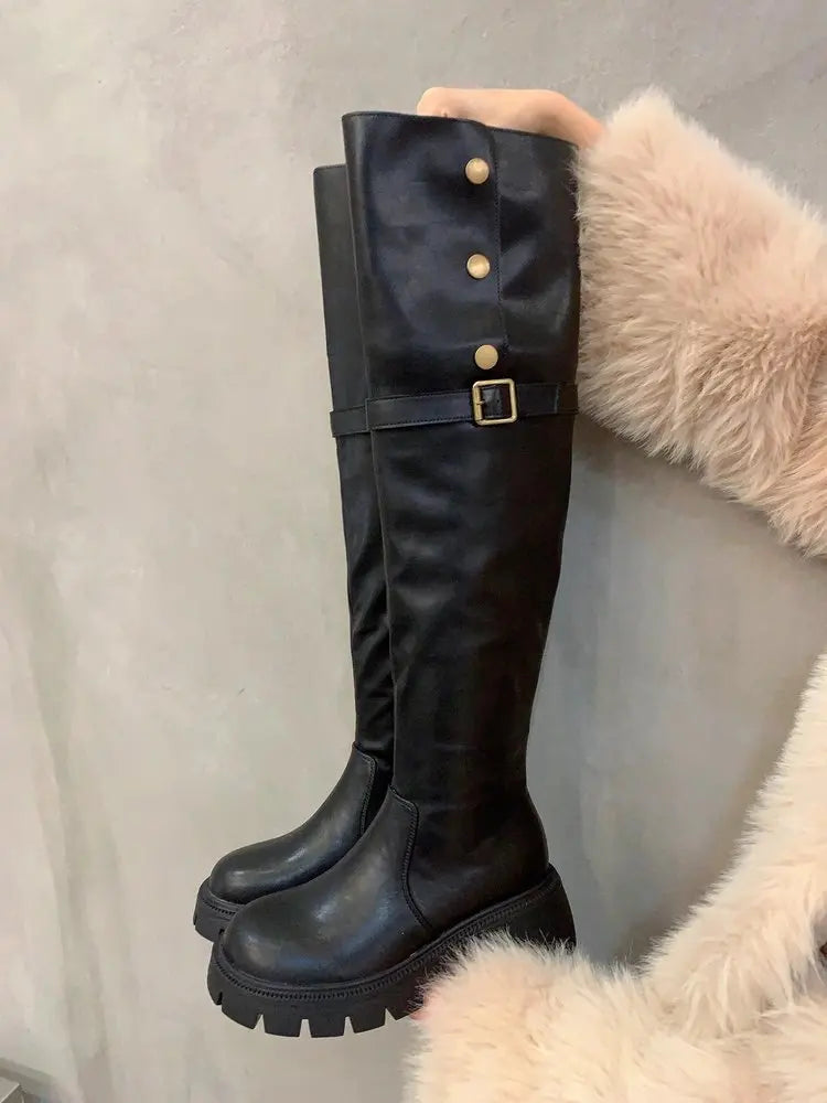 Autumn Winter Platform Women Over The Knee High Boots Fashion Slip On Thick Heels Shoes Ladies Knight Long Botas De Mujer