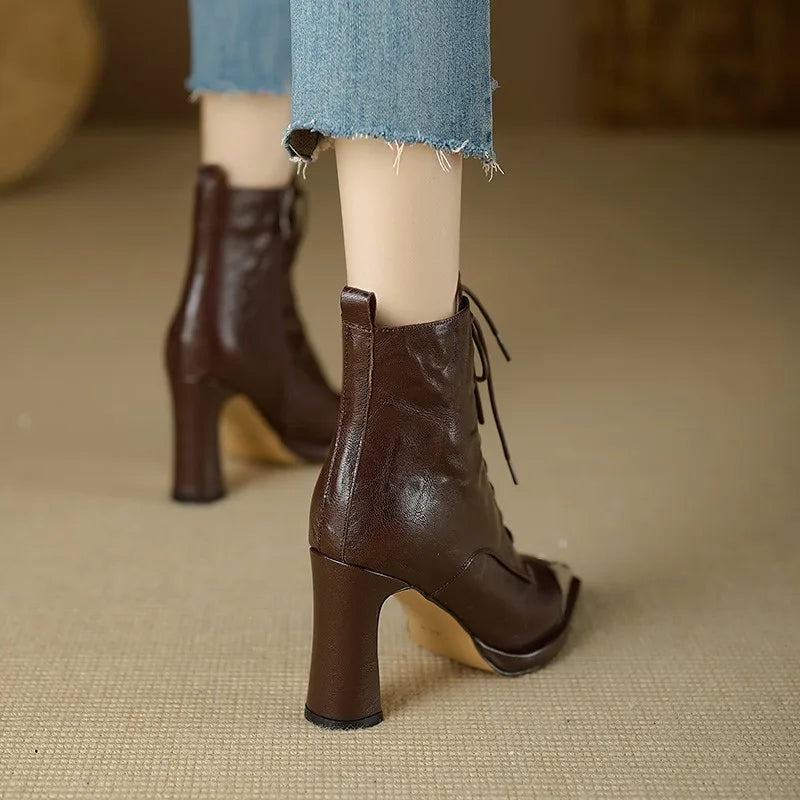 2024 Autumn Women Boots Square Toe High Heel Women Leather Shoes Women Suede Ankle Boots Winter Solid Elegant Modern Boots