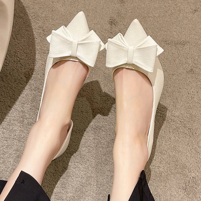 Blue Bowtie Thin Heeled Pumps Women Autumn PU Leather Slip on High Heels Shoes Woman Pointed Toe Party Shoes Mujer