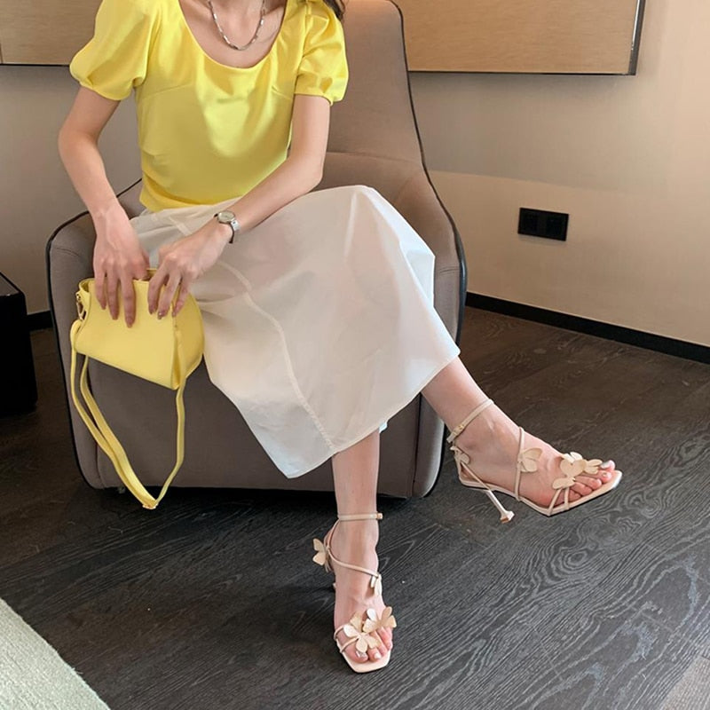 Butterfly Purple High Heeled Sandals Women Summer Casual Square Toe Sandals Woman Thin Heels Ankle Straps Party Shoes