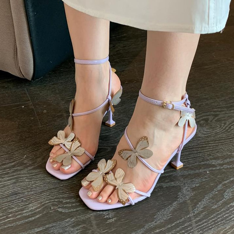 Butterfly Purple High Heeled Sandals Women Summer Casual Square Toe Sandals Woman Thin Heels Ankle Straps Party Shoes