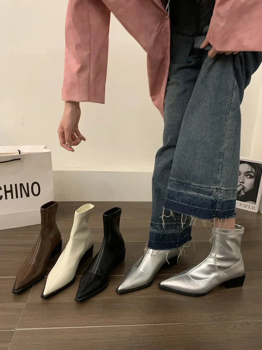 Boots Women New Shoes Luxury Designer silver  Ankle Fashion Pointy Med Ladies Rubber Autumn Rome Hoof Heels Flock Solid Sli