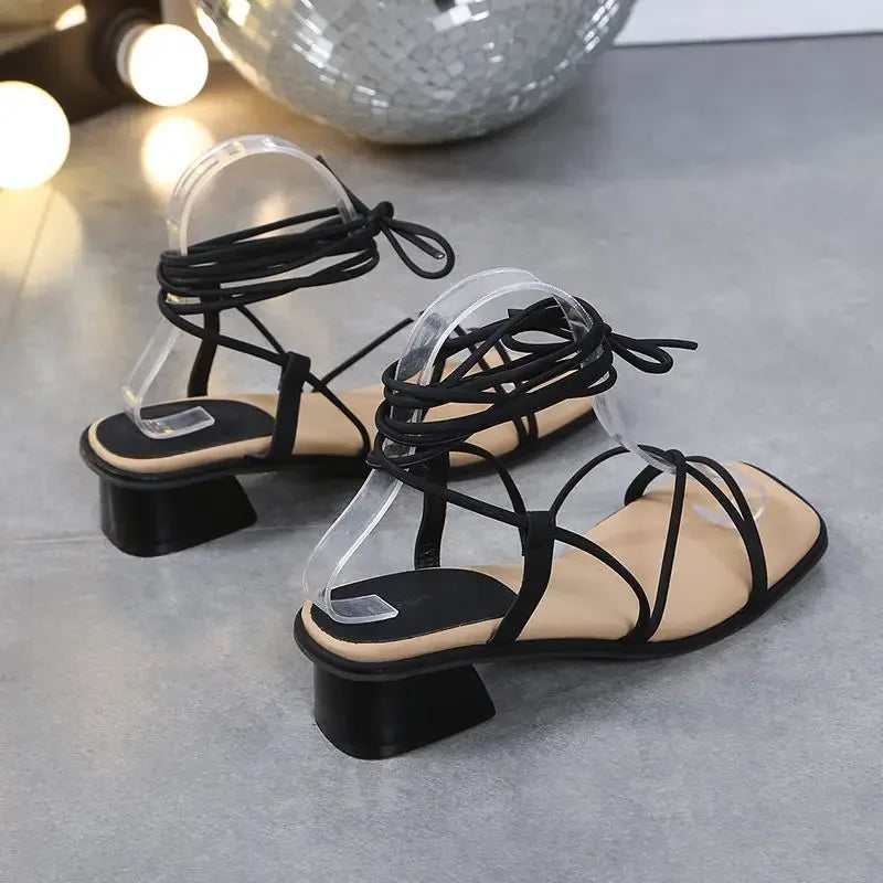 2024 New Women's Summer High Heel Sandals Roman Style Thin Strap Thick Platform Square Head Sandals