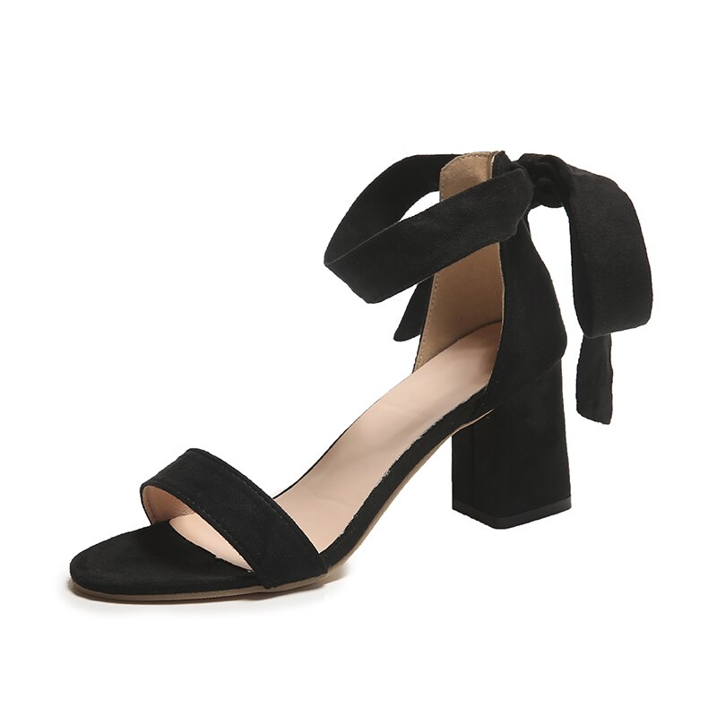 Ankle Straps High Heels Sandals Women Summer Pointed Toe Thick Heeled Sandals Woman Plus Size 43 Lace Up Black Party Shoes