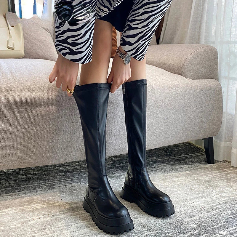 Winter Chunky Platform Heels Long Boots Round Toe Zipper Thick Sole Ladies Fashion Winter Women's Knee High Platform Boots