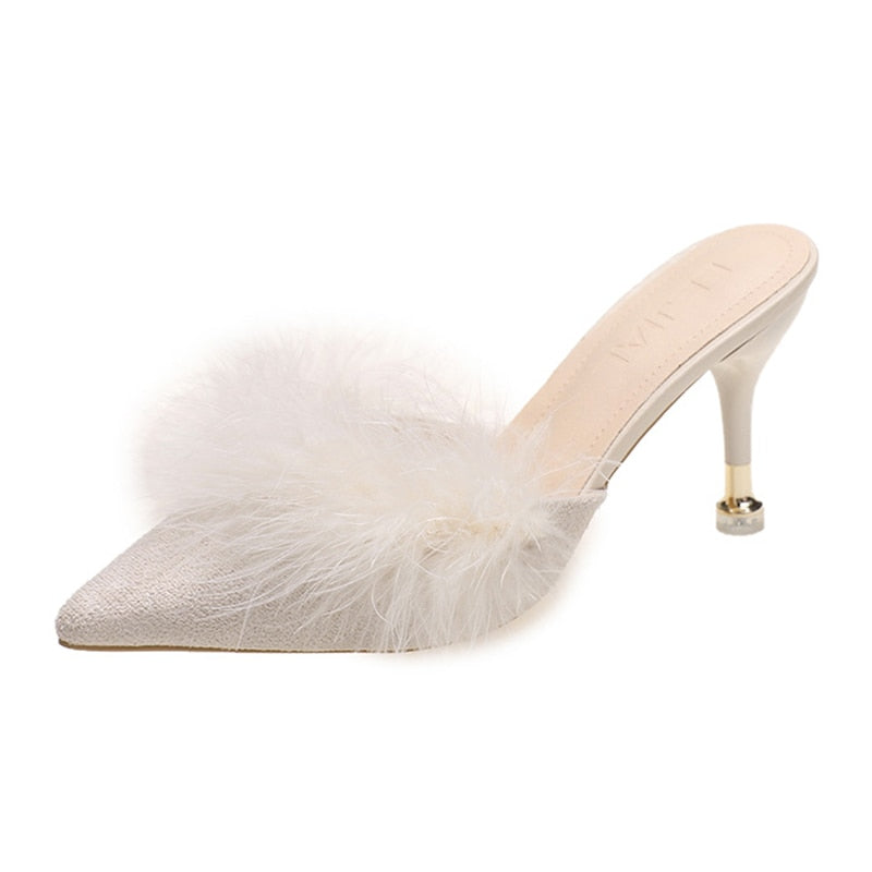Blue High Heels Party Sandals Women Summer Pointed Toe Fur Slippers Woman Elegant Slip On Thin Heeled Shoes Outdoor Slides