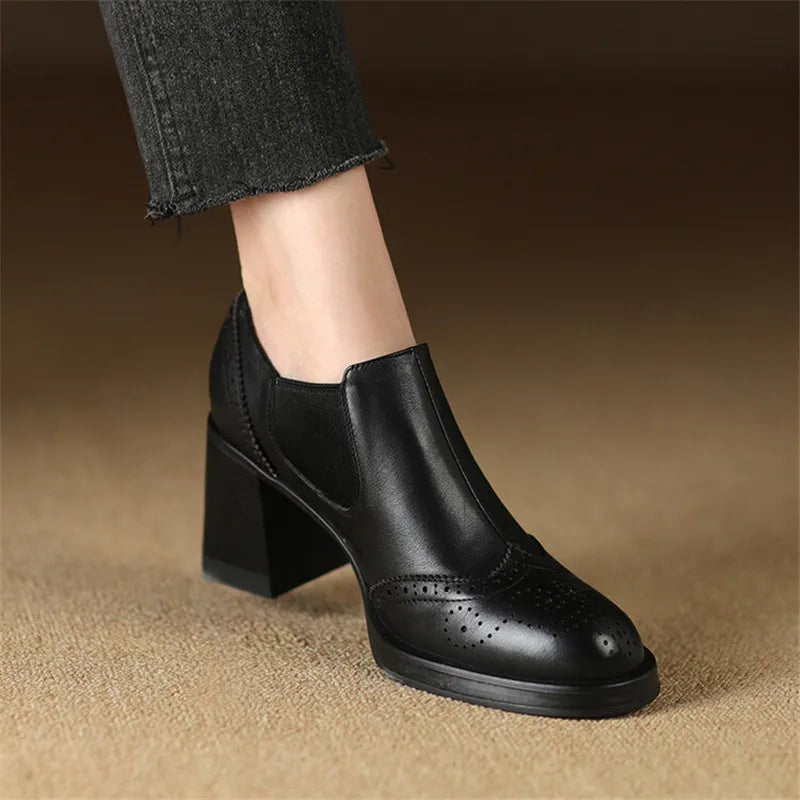 2024 New Spring Genuine Leather Women Shoes Round Toe Women Pumps Brogue Designs Shoes for Women High Heel Loafers Ladies Shoes