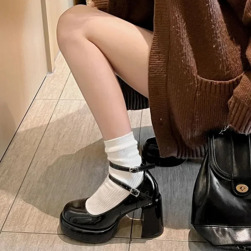 BACK TO SCHOOL 2024 High Heels Women's Spring Autumn Pumps Shoes Red Black Retro Thick Soled Mary Jane  Ankle Buckle 9cm Chunky