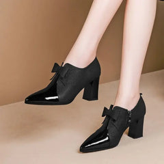 5cm Deep Mouth High Heels Women's Spring Autumn New Fashion Bow Versatile Elegant Pointed Thick Heel Single Shoes Women