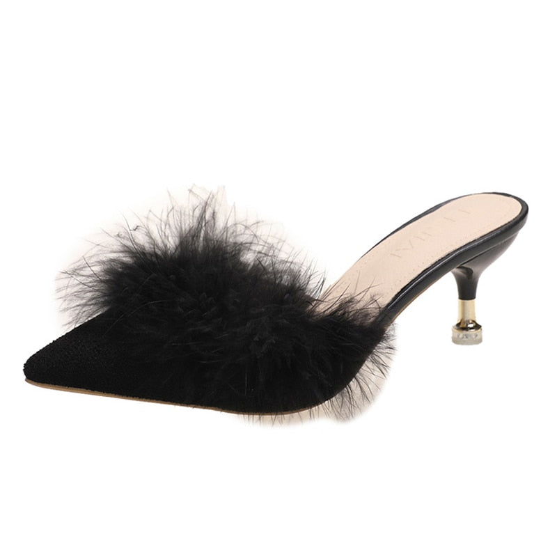 Blue High Heels Party Sandals Women Summer Pointed Toe Fur Slippers Woman Elegant Slip On Thin Heeled Shoes Outdoor Slides