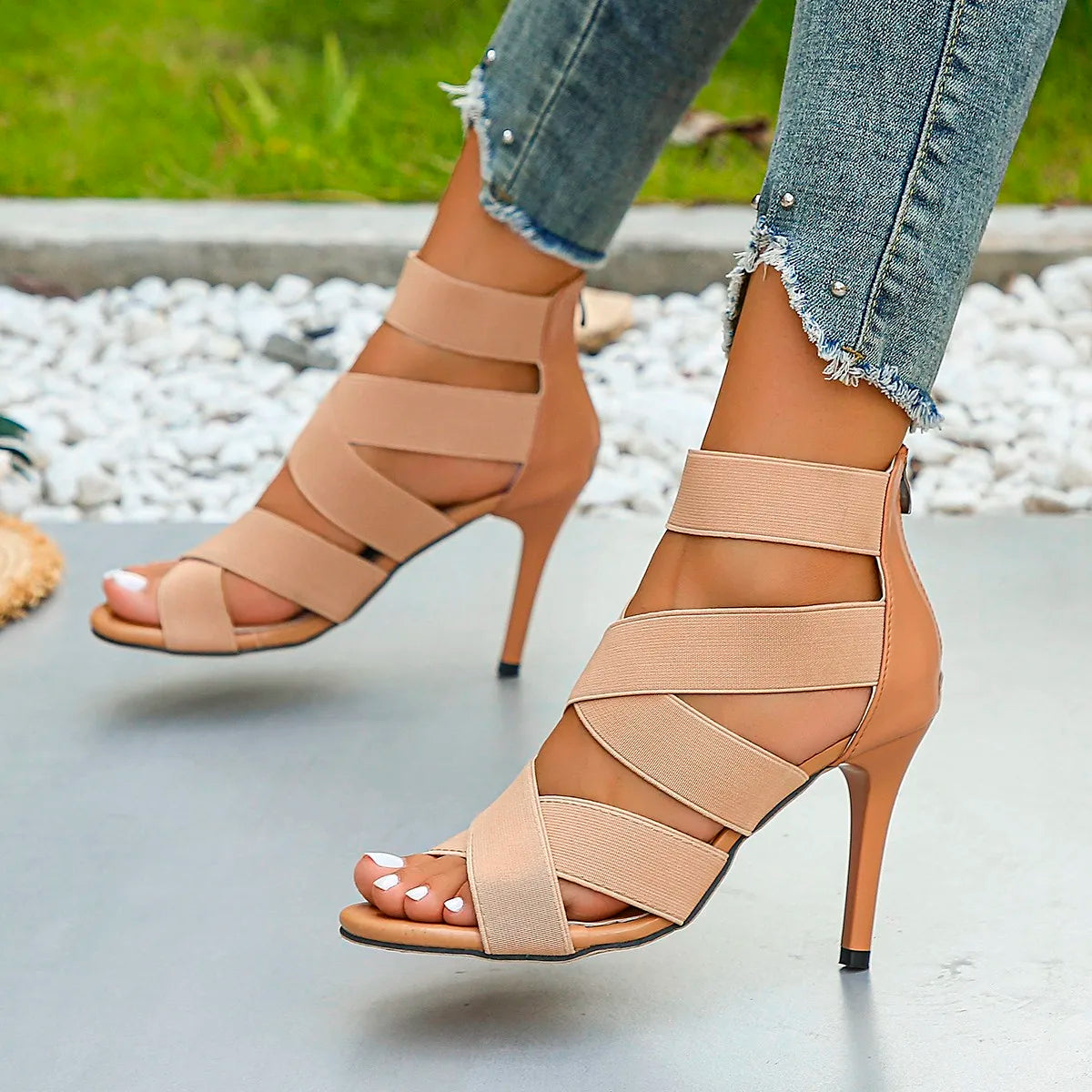 2024 New Summer Women's High Heels Stiletto Women's Sandals Fashion All-match Zipper Sexy Open Toe Buckle Sandals Women Shoes