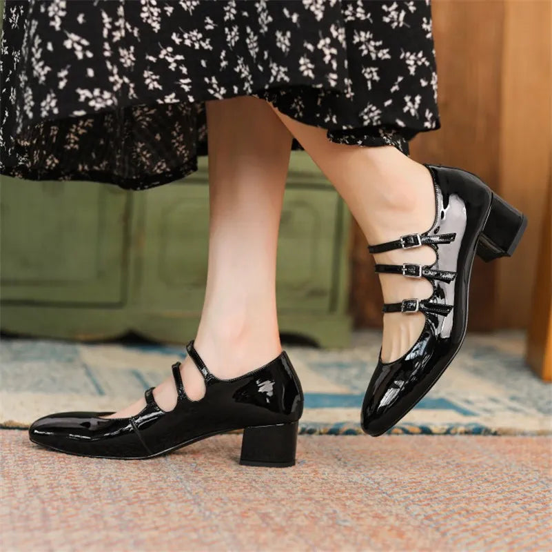 2024 Spring/summer Mary Jane Shoes Patent Leather Woman Shoe French Square Toe Thick Heel Shoes Women Buckle Strap Commute Pumps