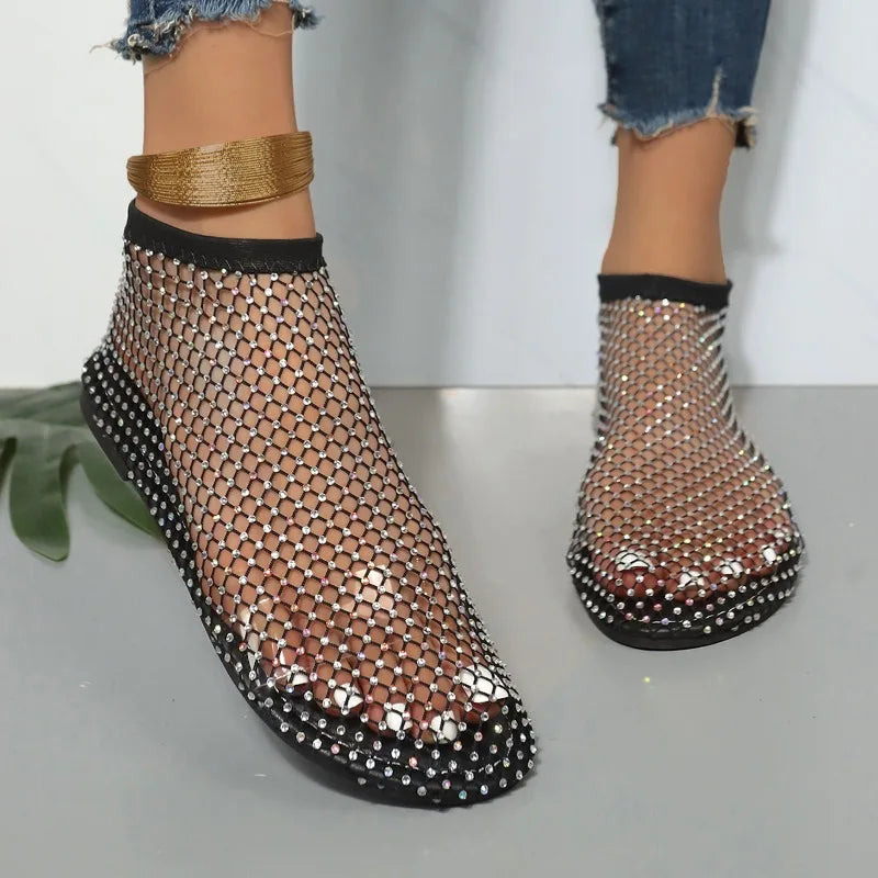 2024 New Summer Women's New Round Toe Flat Bottom Sandals Mesh Short Boots Water Diamond Sexy Flat Bottom Fashion Ladies Shoes