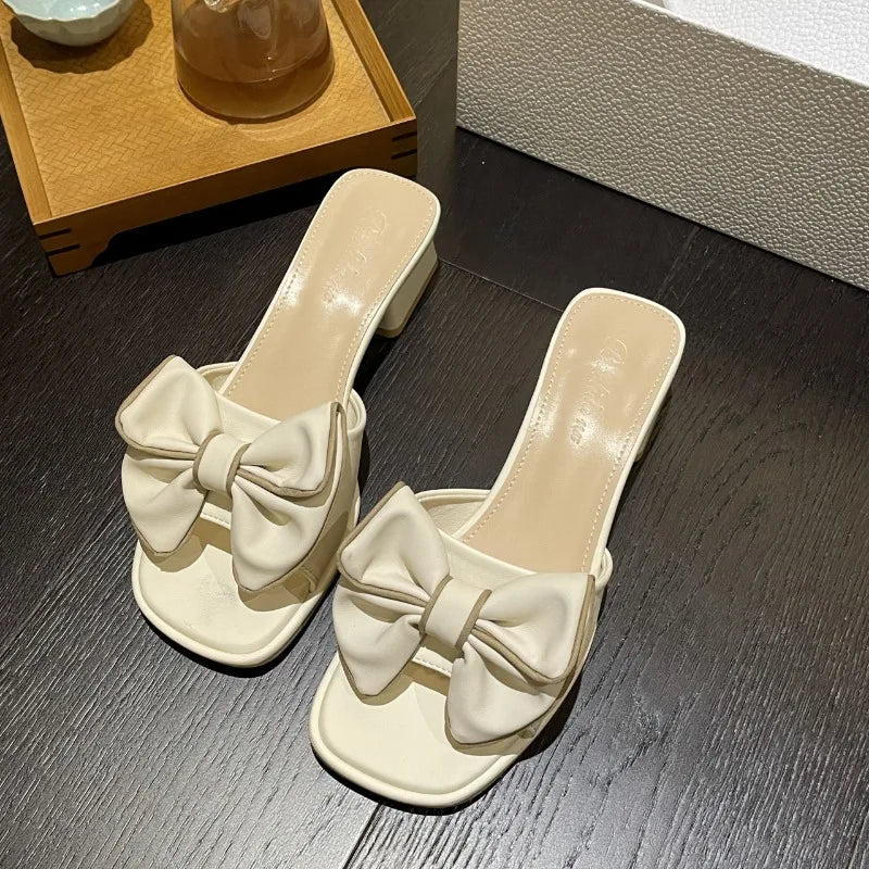 2024 New Fashion Women's Bow Mid Heels Slides Women Peep Toe Mules Cool Summer Woman Slippers Sandals Elegant Ladies Party Shoes