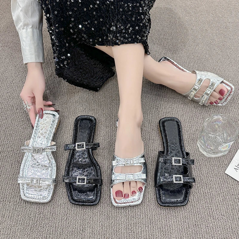 2024 New Summer Candy Leather Beach Shoes Woman Metal Decoration Women's Shoes Simple Slides Open Toe Low Heels Ladies Slippers