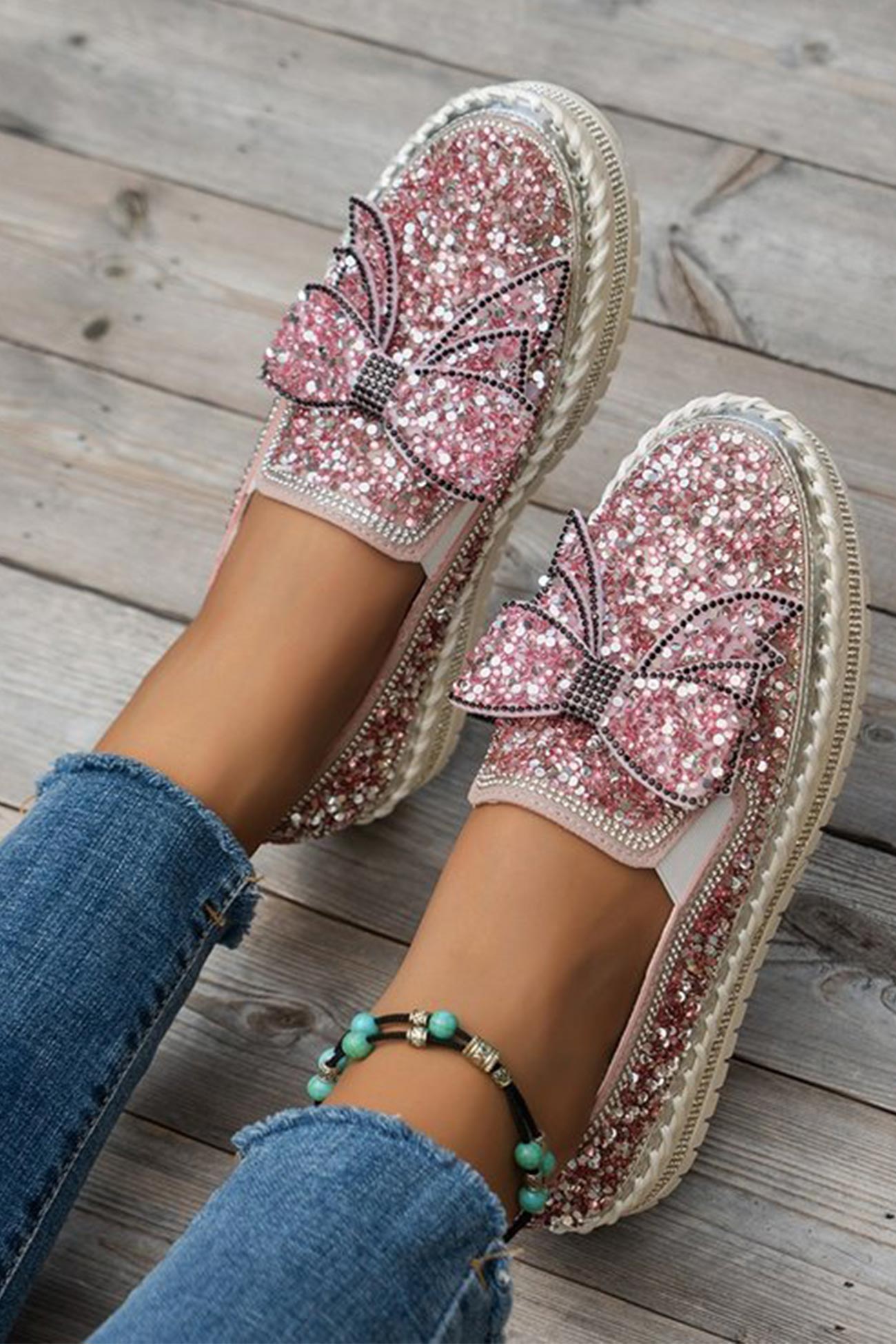New Fashion Spring Outfit Sequined Bow Flats