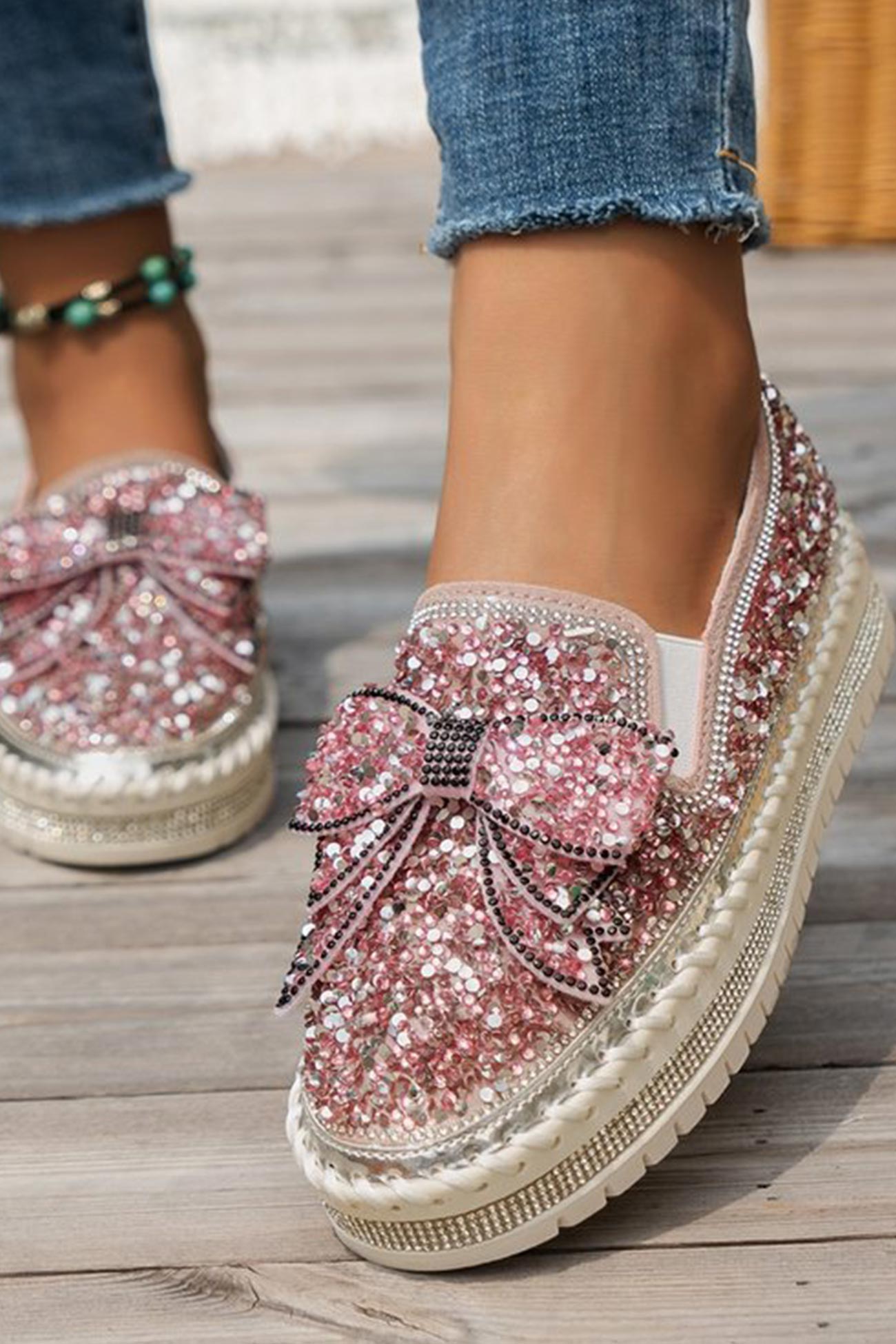New Fashion Spring Outfit Sequined Bow Flats
