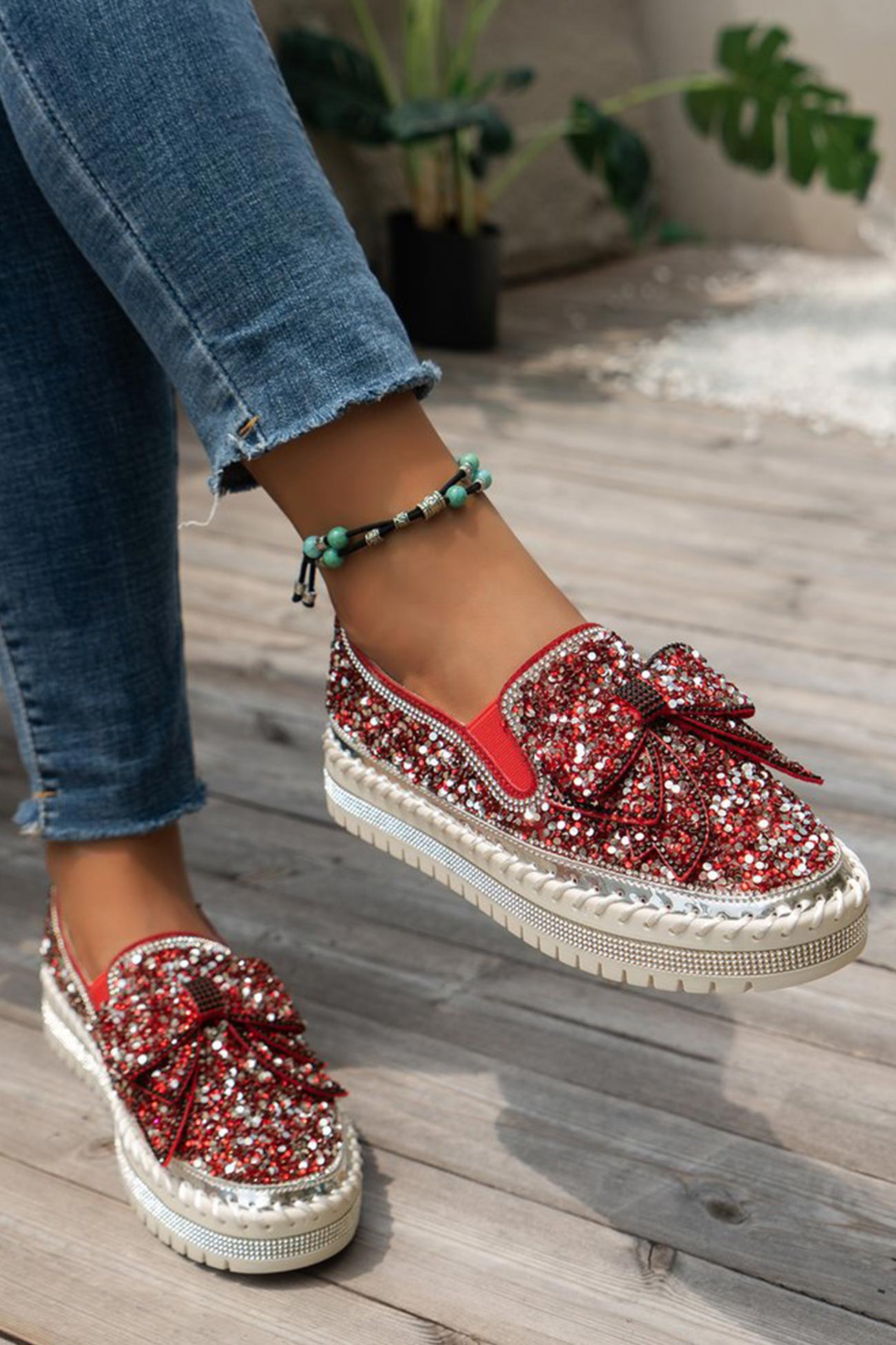 New Fashion Spring Outfit Sequined Bow Flats