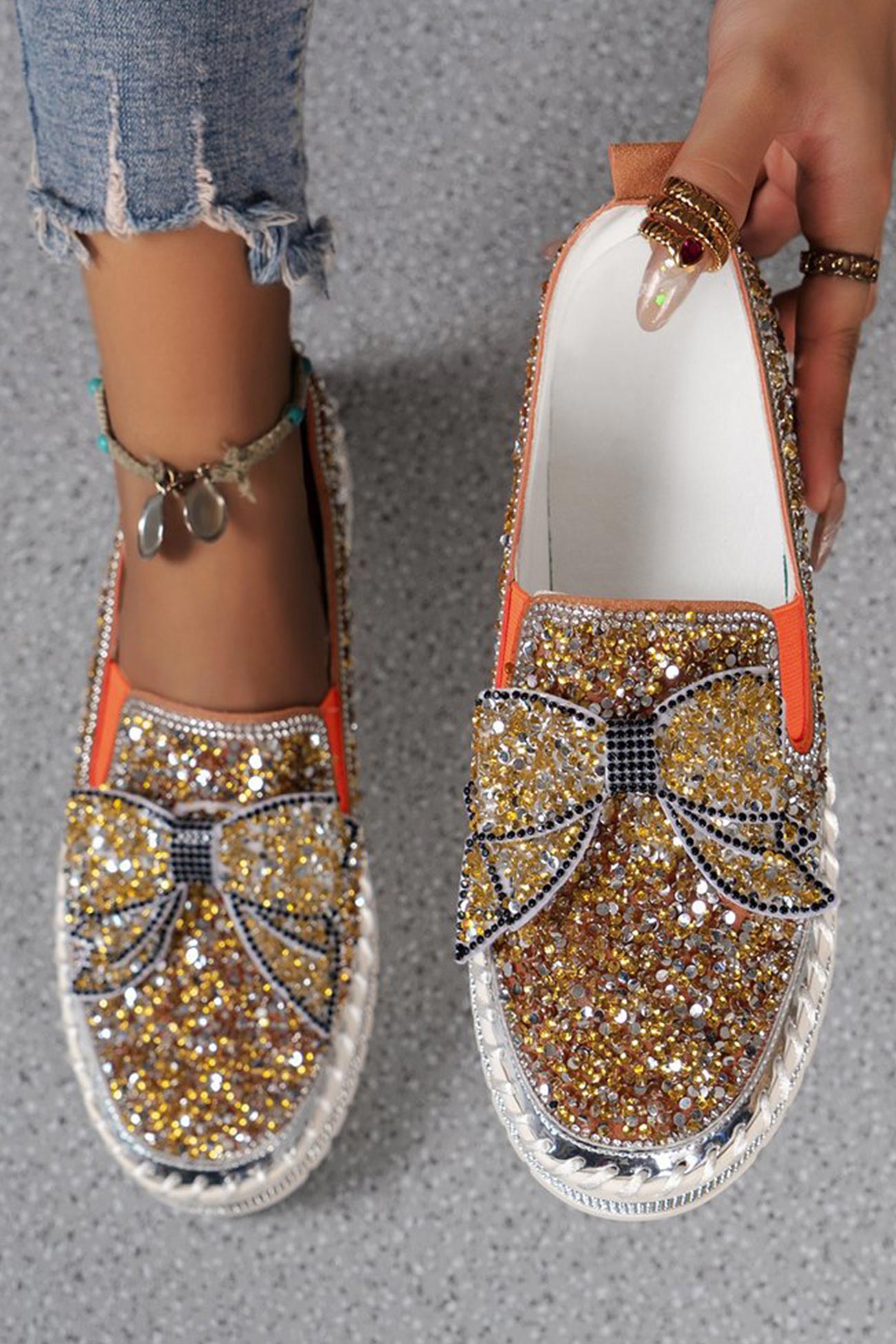 New Fashion Spring Outfit Sequined Bow Flats