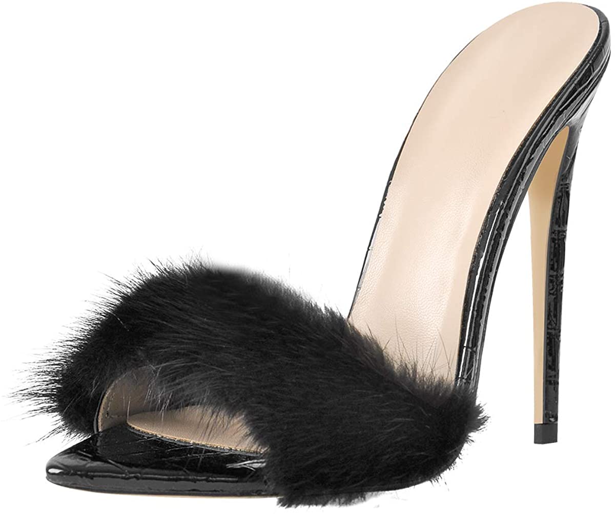 Faux Fur Black Pointed Toe High Heel Mule Sandals