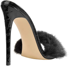 Faux Fur Black Pointed Toe High Heel Mule Sandals
