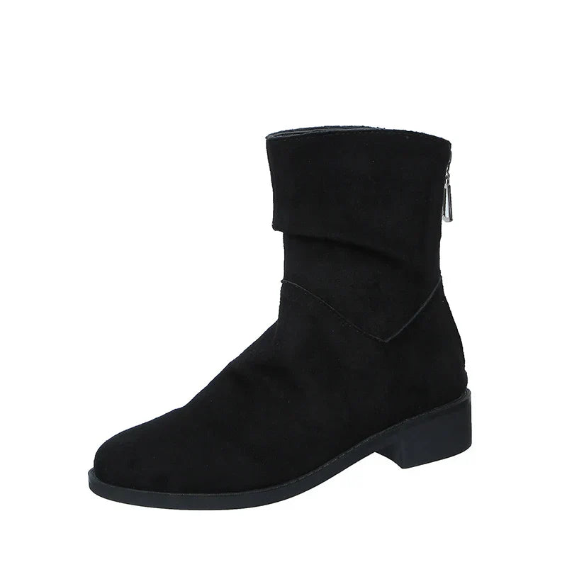 Autumn Womens Solid Pleated Ankle Boots Fashion Faux Suede Square Heel Boots Ladies Round Toe Back Zipper Office Shoes Boats