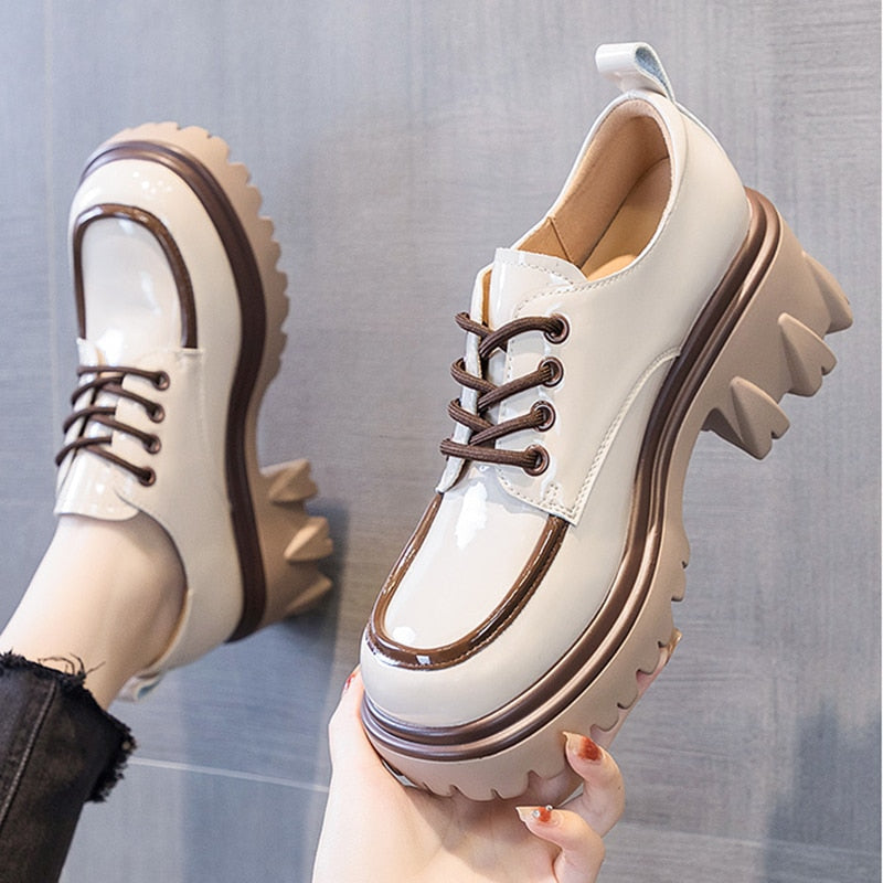British Style Chunky Platform Pumps Women Spring Lace Up Thick Heels Loafers Woman Round Toe Patent Leather Shoes
