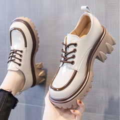 British Style Chunky Platform Pumps Women Spring Lace Up Thick Heels Loafers Woman Round Toe Patent Leather Shoes