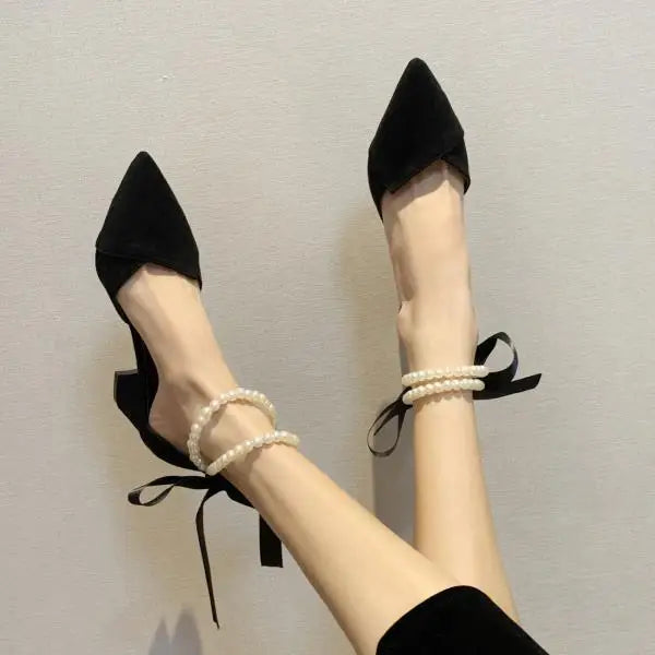 Beige Heeled Pump 2024 Women's Shoes Closed Toe Black High New Comfort Retro Block Pearl Clear Spring Girls Solid PU Pumps Co