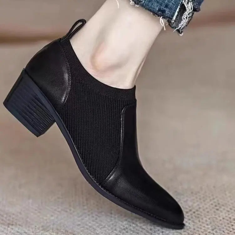 Autumn New Soft Work Shoes,Women Mid Heels,Stretch,Pointed Toe,Slip On,Brown,Khaki,British Style,35-40,Dropship