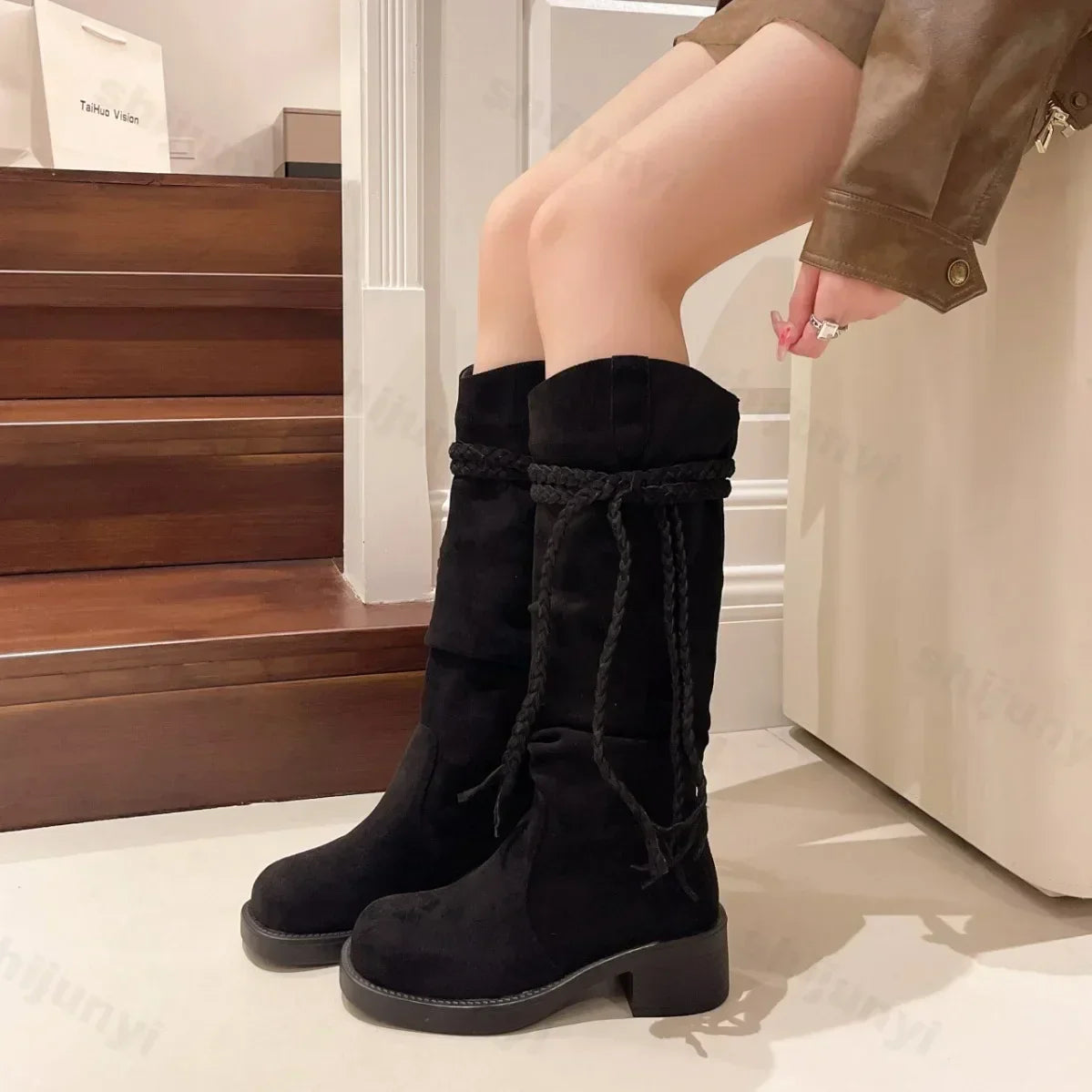 Women Suede Knee High Boots New Fashion Tassels Western Cowboy Boots Round Toe High Heels Shoes Roman Female Long Boots